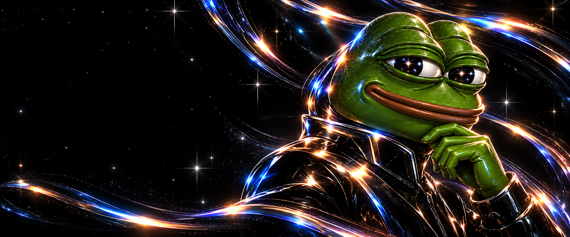 A confident green Pepe in a glossy black jacket, surrounded by blue and amber cosmic light trails